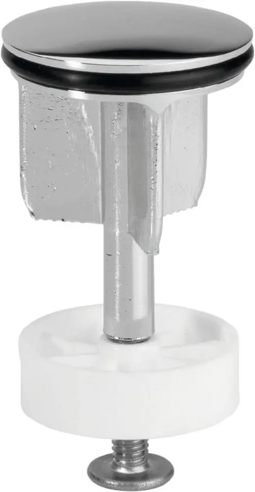 Ablaufstopfen aus Chrom mit schwarzem Gummi. Der Mechanismus für die Wasserregulierung ist klar erkennbar. Ideal Standard Produkt für die Anwendung in Waschbecken oder Duschen.